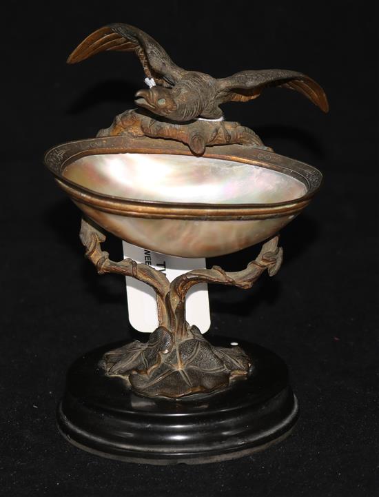 A 19th century Continental bronze and mother of pearl pedestal dish, modelled as an eagle perched above a shell bowl